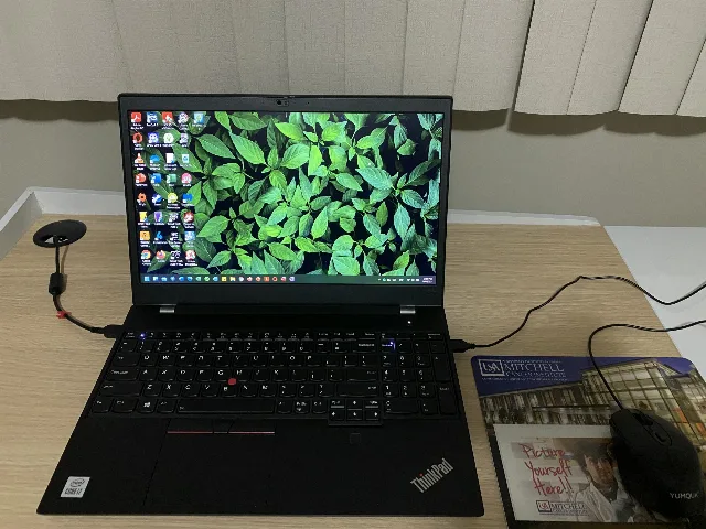 Notebook Lenovo ThinkPad aberto sobre a mesa, com a área de trabalho do Windows 11 e papel de parede de folhas verdes
